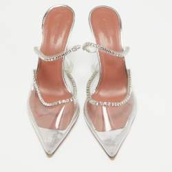 Pre Owned Amina Muaddi Transparent PVC Crystal Embellished Gilda Mules Size 37.5