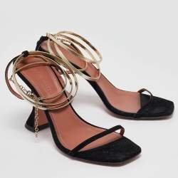 Pre Owned Amina Muaddi Black Leather and Suede Henson Ankle Strap Sandals Size 39.5