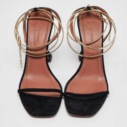 Pre Owned Amina Muaddi Black Leather and Suede Henson Ankle Strap Sandals Size 39.5