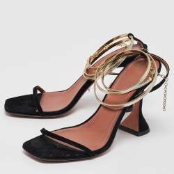 Pre Owned Amina Muaddi Black Leather and Suede Henson Ankle Strap Sandals Size 39.5