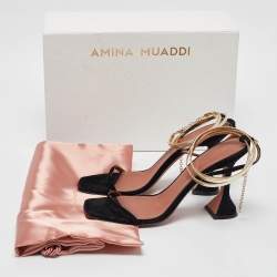 Pre Owned Amina Muaddi Black Leather and Suede Henson Ankle Strap Sandals Size 39.5