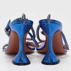 Pre Owned Amina Muaddi Blue Leather Gilda Ankle Strap Sandals Size 39