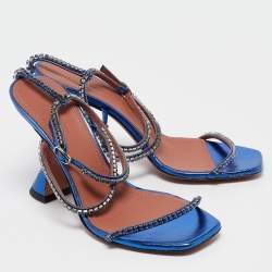 Pre Owned Amina Muaddi Blue Leather Gilda Ankle Strap Sandals Size 39