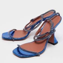 Pre Owned Amina Muaddi Blue Leather Gilda Ankle Strap Sandals Size 39