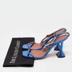 Pre Owned Amina Muaddi Blue Leather Gilda Ankle Strap Sandals Size 39
