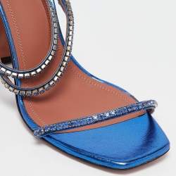 Pre Owned Amina Muaddi Blue Leather Gilda Ankle Strap Sandals Size 39