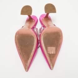 Pre Owned Amina Muaddi Pink Satin Crystal Embellished Gilda Mules Size 38