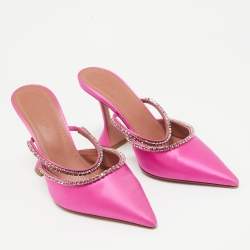 Pre Owned Amina Muaddi Pink Satin Crystal Embellished Gilda Mules Size 38