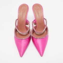 Pre Owned Amina Muaddi Pink Satin Crystal Embellished Gilda Mules Size 38