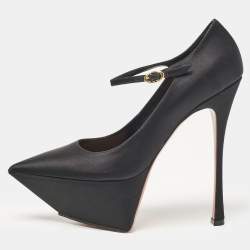 Amina Muaddi Black Satin Yigit Platform Pumps Size 39.5