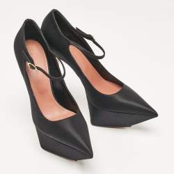 Amina Muaddi Black Satin Yigit Platform Pumps Size 39.5