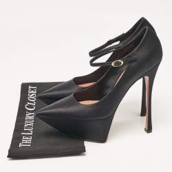 Amina Muaddi Black Satin Yigit Platform Pumps Size 39.5