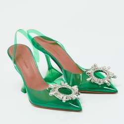 Amina Muaddi Green PVC Crystal Embellished Begum Slingback Pumps Size 37