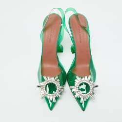 Amina Muaddi Green PVC Crystal Embellished Begum Slingback Pumps Size 37