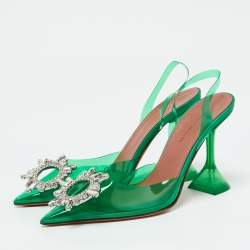 Amina Muaddi Green PVC Crystal Embellished Begum Slingback Pumps Size 37