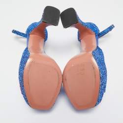 Pre Owned Amina Muaddi Blue Glitter Ankle Strap Sandals Size 38