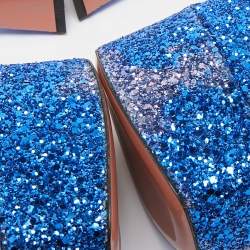 Pre Owned Amina Muaddi Blue Glitter Ankle Strap Sandals Size 38