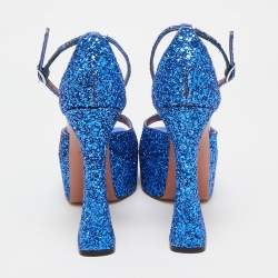 Pre Owned Amina Muaddi Blue Glitter Ankle Strap Sandals Size 38