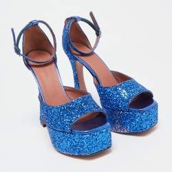 Pre Owned Amina Muaddi Blue Glitter Ankle Strap Sandals Size 38