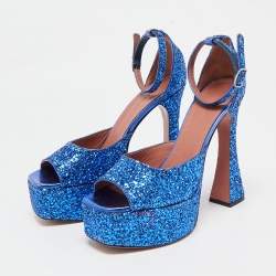 Pre Owned Amina Muaddi Blue Glitter Ankle Strap Sandals Size 38