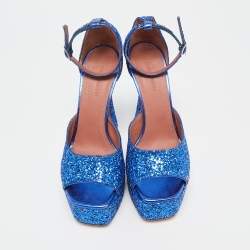 Pre Owned Amina Muaddi Blue Glitter Ankle Strap Sandals Size 38