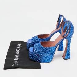 Pre Owned Amina Muaddi Blue Glitter Ankle Strap Sandals Size 38