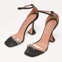 Amina Muaddi Black Suede and PVC Vita Crystal Ankle Strap Sandals Size 39.5