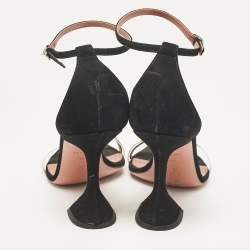 Amina Muaddi Black Suede and PVC Vita Crystal Ankle Strap Sandals Size 39.5