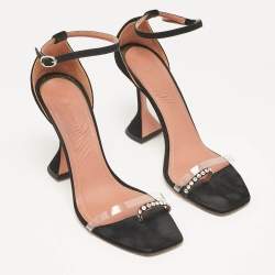 Amina Muaddi Black Suede and PVC Vita Crystal Ankle Strap Sandals Size 39.5