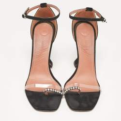 Amina Muaddi Black Suede and PVC Vita Crystal Ankle Strap Sandals Size 39.5