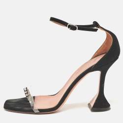 Amina Muaddi Black Suede and PVC Vita Crystal Ankle Strap Sandals Size 39.5