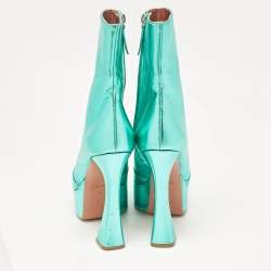 Amina Muaddi Metallic Green Leather Platform Ankle Boots Size 39