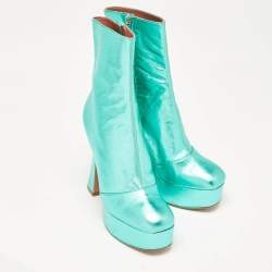 Amina Muaddi Metallic Green Leather Platform Ankle Boots Size 39