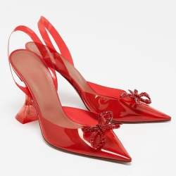Pre Owned Amina Muaddi Red PVC Rosie Crystal Embellished Bow Slingback Pumps Size 39.5