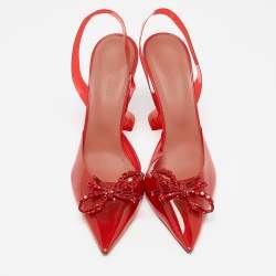 Pre Owned Amina Muaddi Red PVC Rosie Crystal Embellished Bow Slingback Pumps Size 39.5