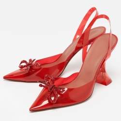Pre Owned Amina Muaddi Red PVC Rosie Crystal Embellished Bow Slingback Pumps Size 39.5