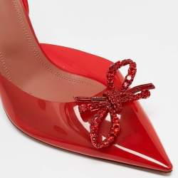 Pre Owned Amina Muaddi Red PVC Rosie Crystal Embellished Bow Slingback Pumps Size 39.5