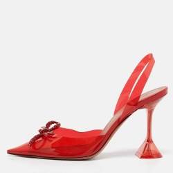Pre Owned Amina Muaddi Red PVC Rosie Crystal Embellished Bow Slingback Pumps Size 39.5