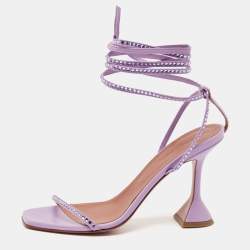 Amina Muaddi Purple Leather Crystal Embellished Vita Ankle Strap Sandals Size 39