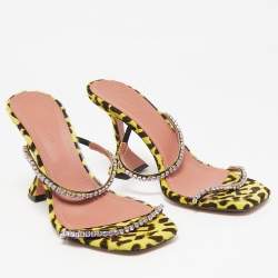 Amina Muaddi Yellow/Black Calf Hair and Leather Gilda Slide Sandals Size 39.5