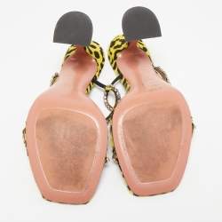 Amina Muaddi Yellow/Black Calf Hair and Leather Gilda Slide Sandals Size 39.5