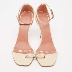 Amina Muaddi Cream Leather Daisy Ankle Strap Sandals Size 39.5