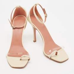 Amina Muaddi Cream Leather Daisy Ankle Strap Sandals Size 39.5
