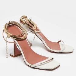Amina Muaddi White Leather And Chain Ankle Strap Sandals Size 38.5
