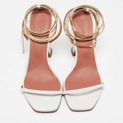 Amina Muaddi White Leather And Chain Ankle Strap Sandals Size 38.5