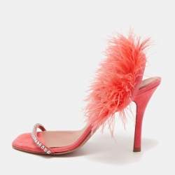 Amina Muaddi Pink Satin and Feather Crystal Embellished Adwoa Slingback Sandals Size 38.5