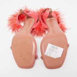 Amina Muaddi Pink Satin and Feather Crystal Embellished Adwoa Slingback Sandals Size 38.5