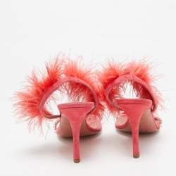 Amina Muaddi Pink Satin and Feather Crystal Embellished Adwoa Slingback Sandals Size 38.5