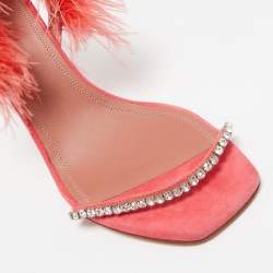 Amina Muaddi Pink Satin and Feather Crystal Embellished Adwoa Slingback Sandals Size 38.5