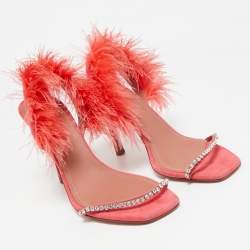 Amina Muaddi Pink Satin and Feather Crystal Embellished Adwoa Slingback Sandals Size 38.5